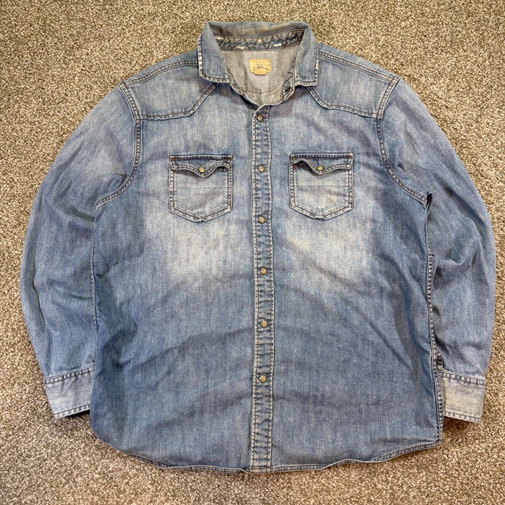 Vintage Denim Shirt Large Western Pearl Snap Faded Distressed Classic Essential
